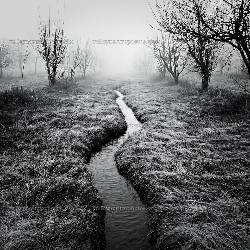 Foggy orchard meadow with a winding stream in black and white – nature photography 7938x7938