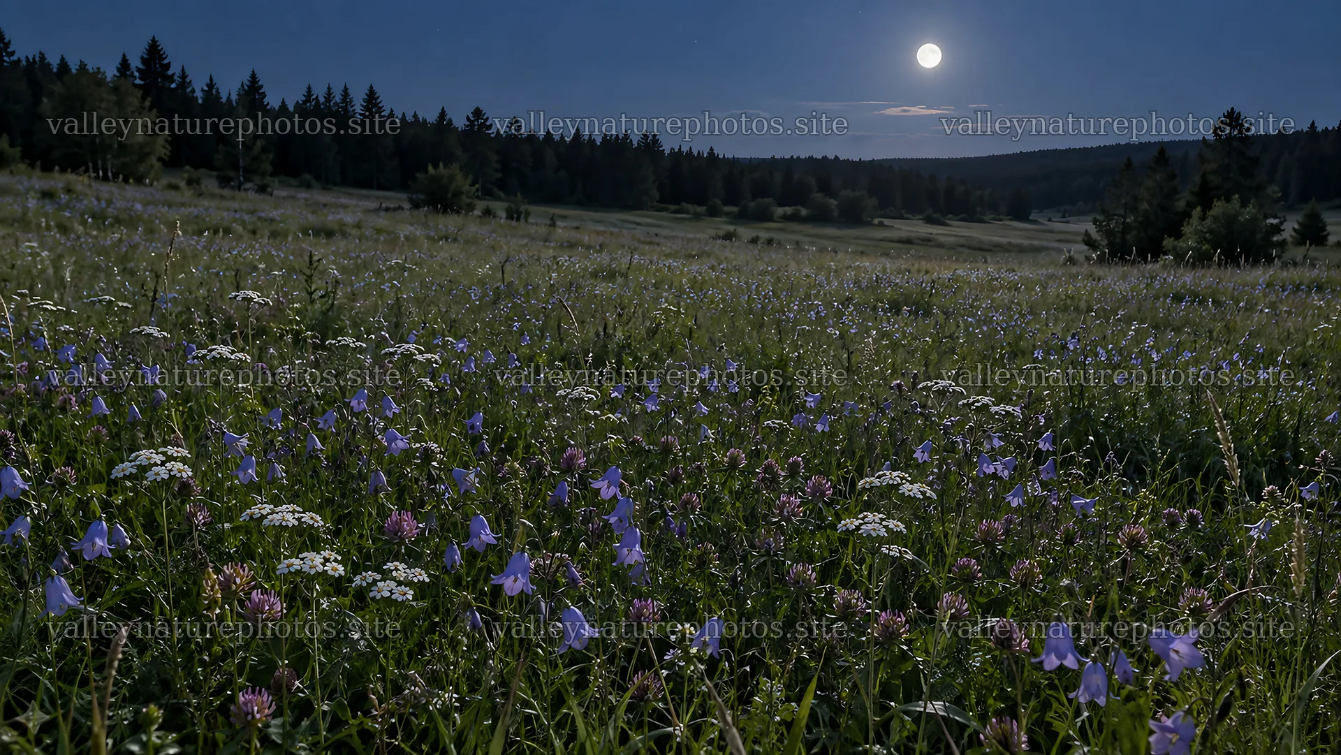 Moonlit Wildflower Meadow in a Forest Clearing – nature photography 10324x5812