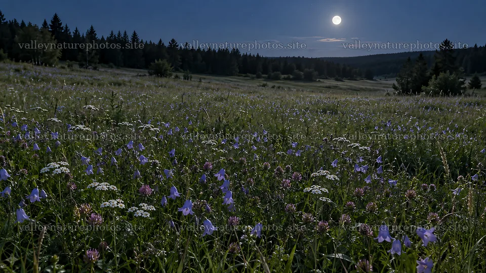 Moonlit Wildflower Meadow in a Forest Clearing – nature photography 10324x5812