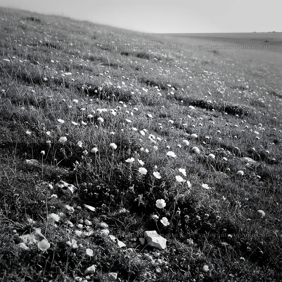 Sunny chalk meadow with flowers on a hillside – nature photography 7938x7938