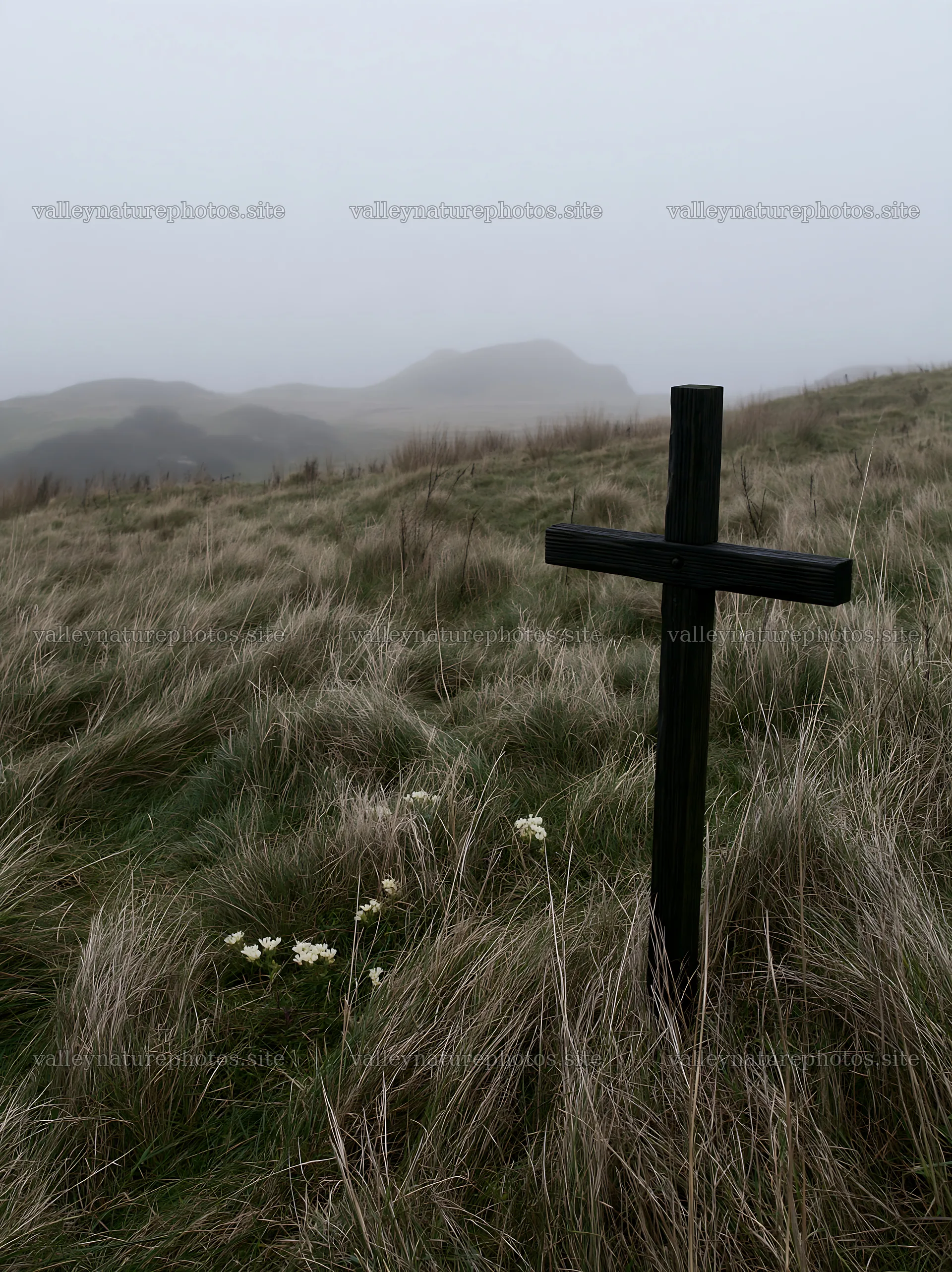 Christian cross in winter meadow grasses – nature photography 6866x9174