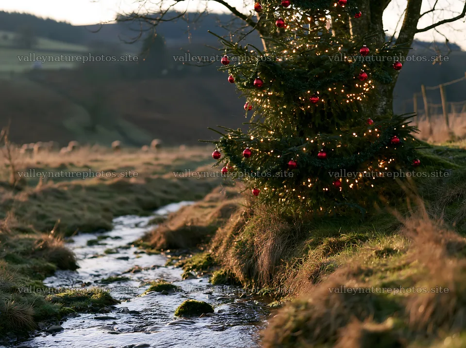 Christmas tree beside stream in meadow at sunset – nature photography 9174x6866