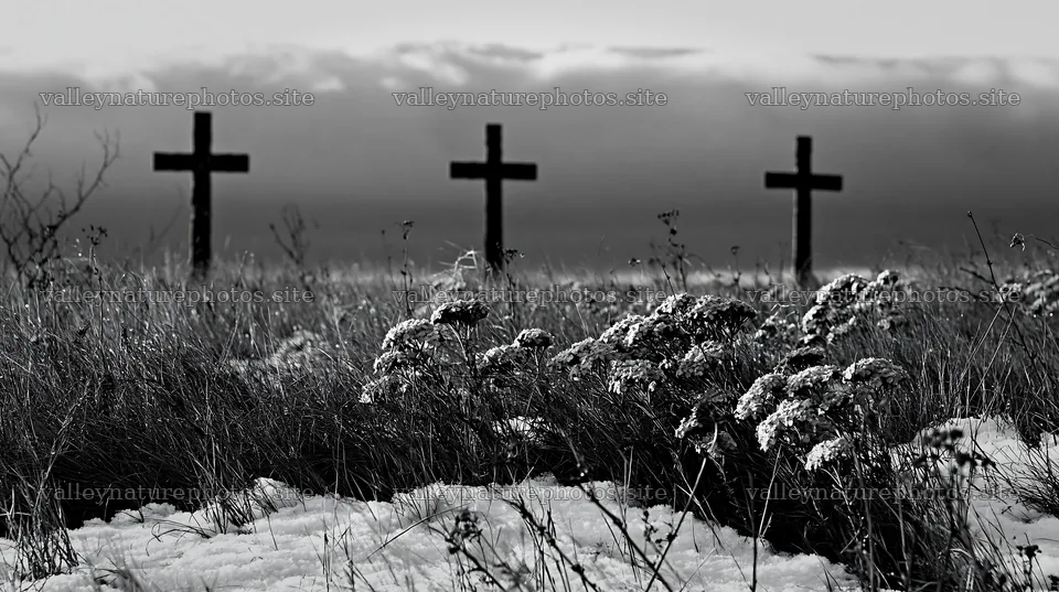 Three bronze crosses in a snowy meadow at Christmas – nature photography 10608x5938