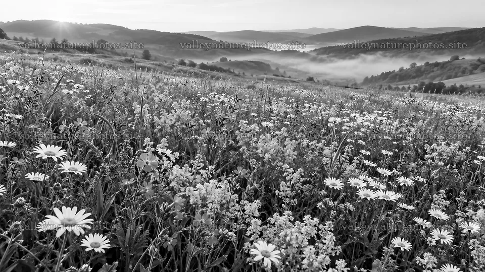 Monochrome Wildflower Meadow in Misty Hills – nature photography 10324x5812