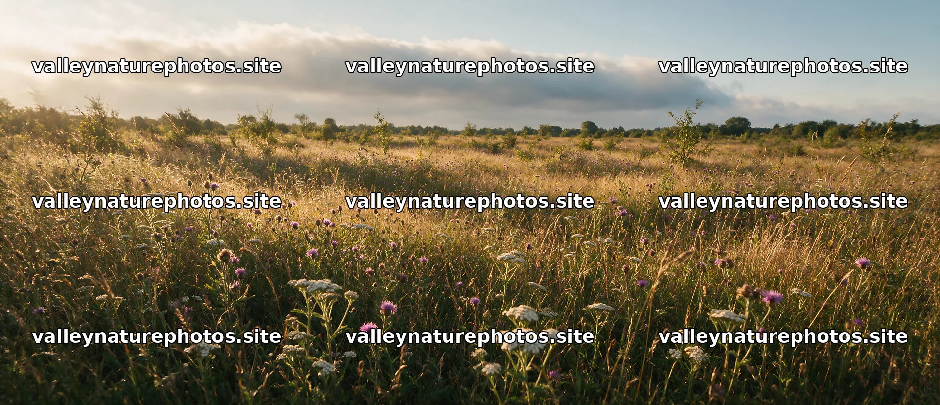 Rewilded meadow with wildflowers and tall grass in open field – nature photography 12094x5210