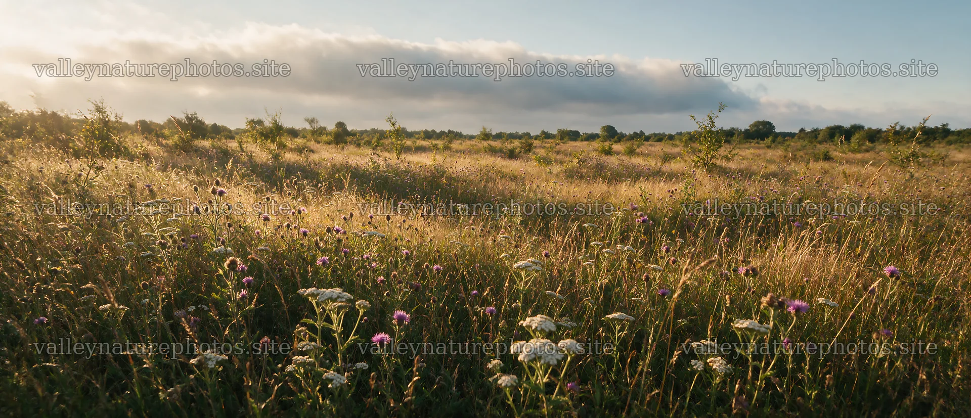 Rewilded meadow with wildflowers and tall grass in open field – nature photography 12094x5210