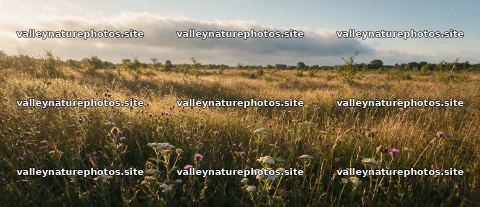 Rewilded meadow with wildflowers and tall grass in open field – nature photography 12094x5210