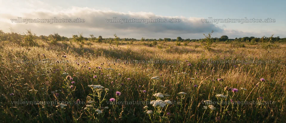 Rewilded meadow with wildflowers and tall grass in open field – nature photography 12094x5210