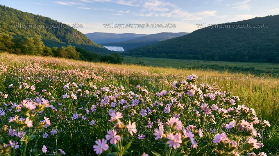 Summer wildflower meadow with waterfall in the background – nature photography 10608x5938
