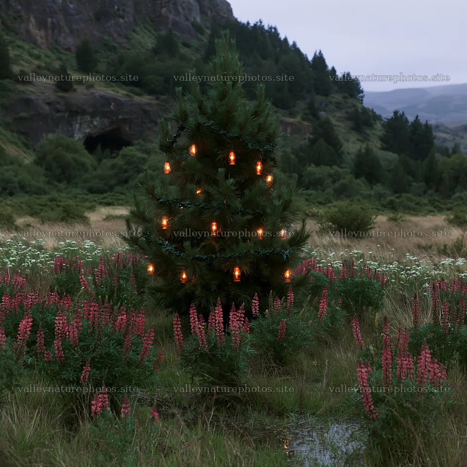Christmas tree with lanterns in meadow by cave – nature photography 7938x7938