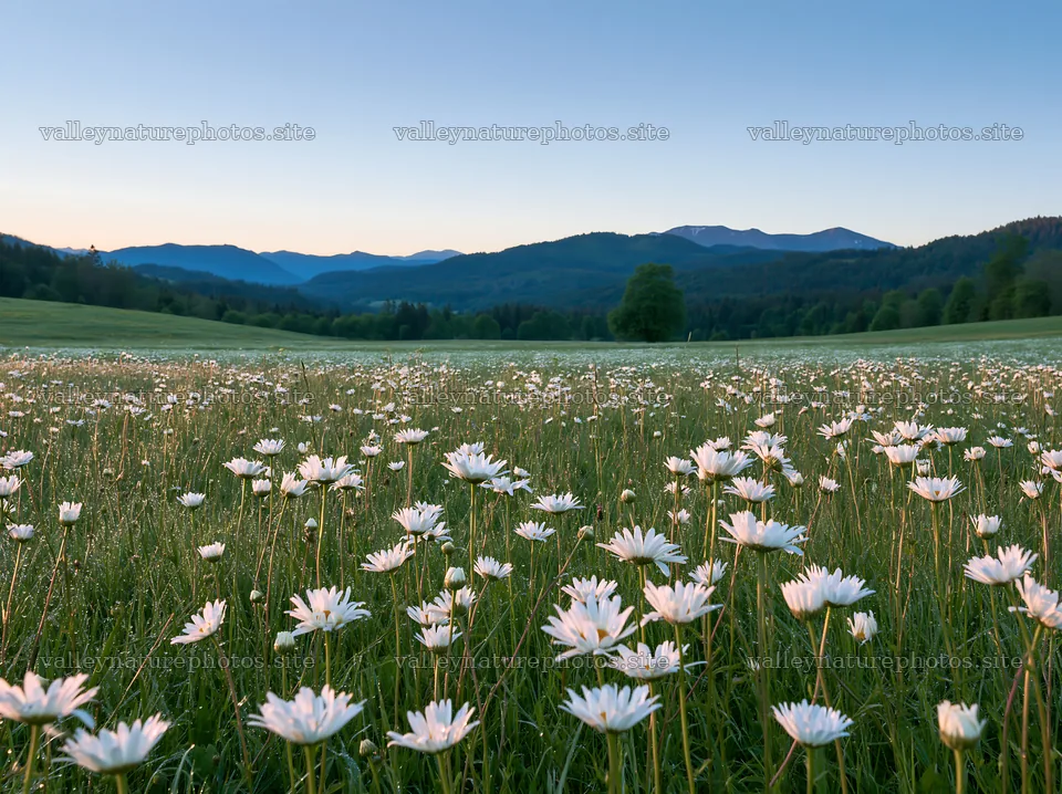 Spring meadow with white flowers in the early morning light – nature photography 9174x6866