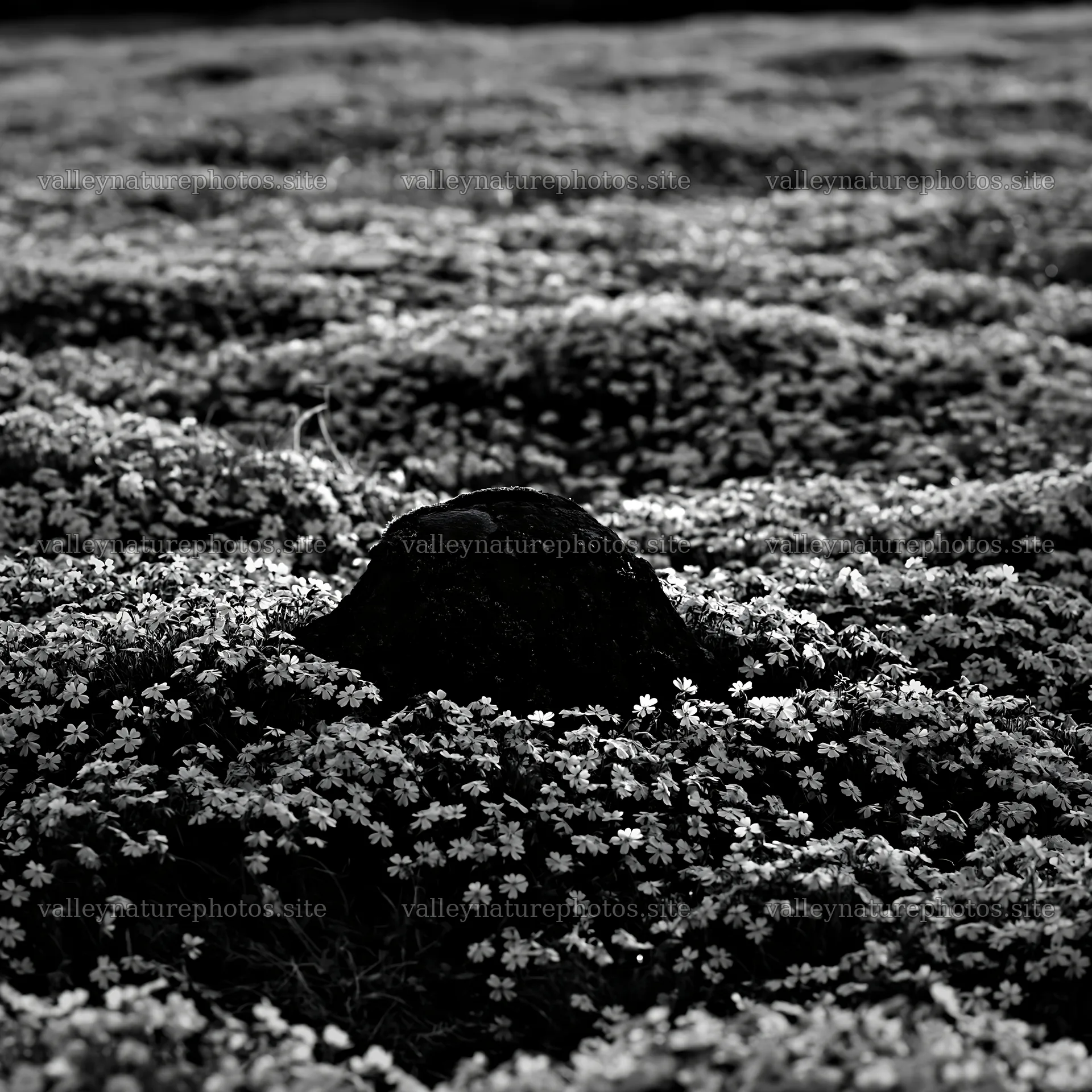 Miyagi spring recovery meadow with mossy stone – nature photography 7938x7938