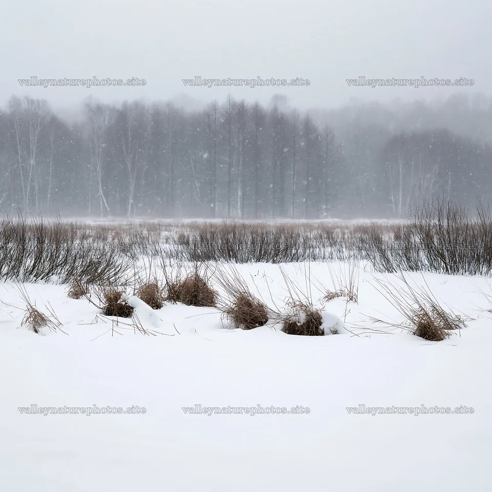 Snowbound meadow with snow-covered grasses and trees – nature photography 7938x7938
