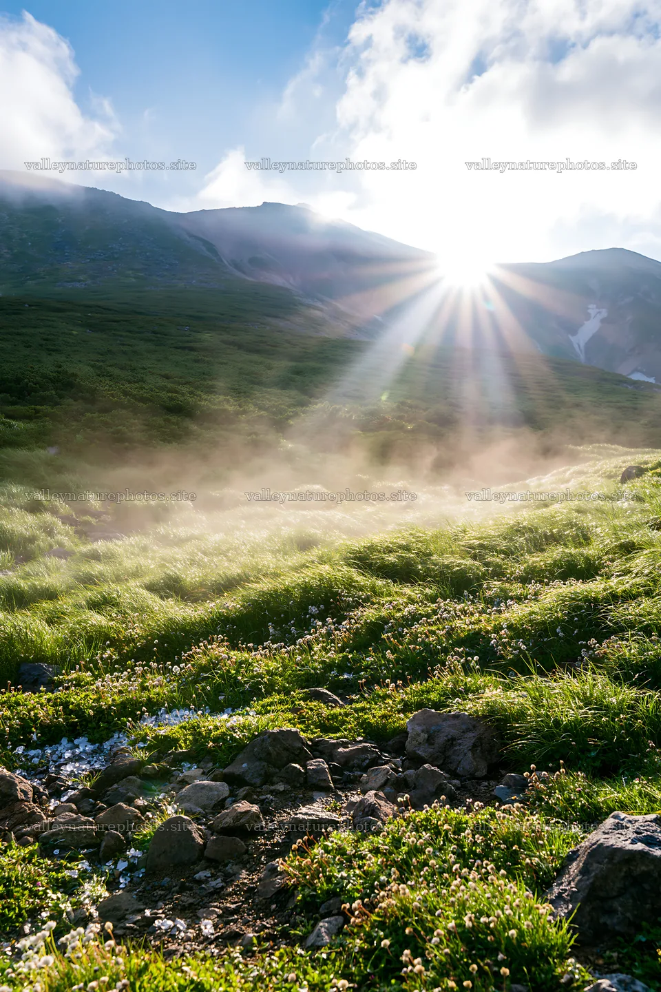 Daisetsuzan alpine meadow with light rays shining through clouds – nature photography 6480x9722