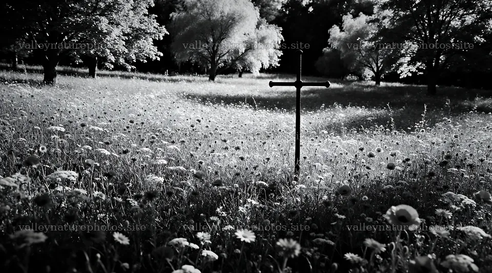 Dark Christian cross in summer meadow with wildflowers – nature photography 10648x5916