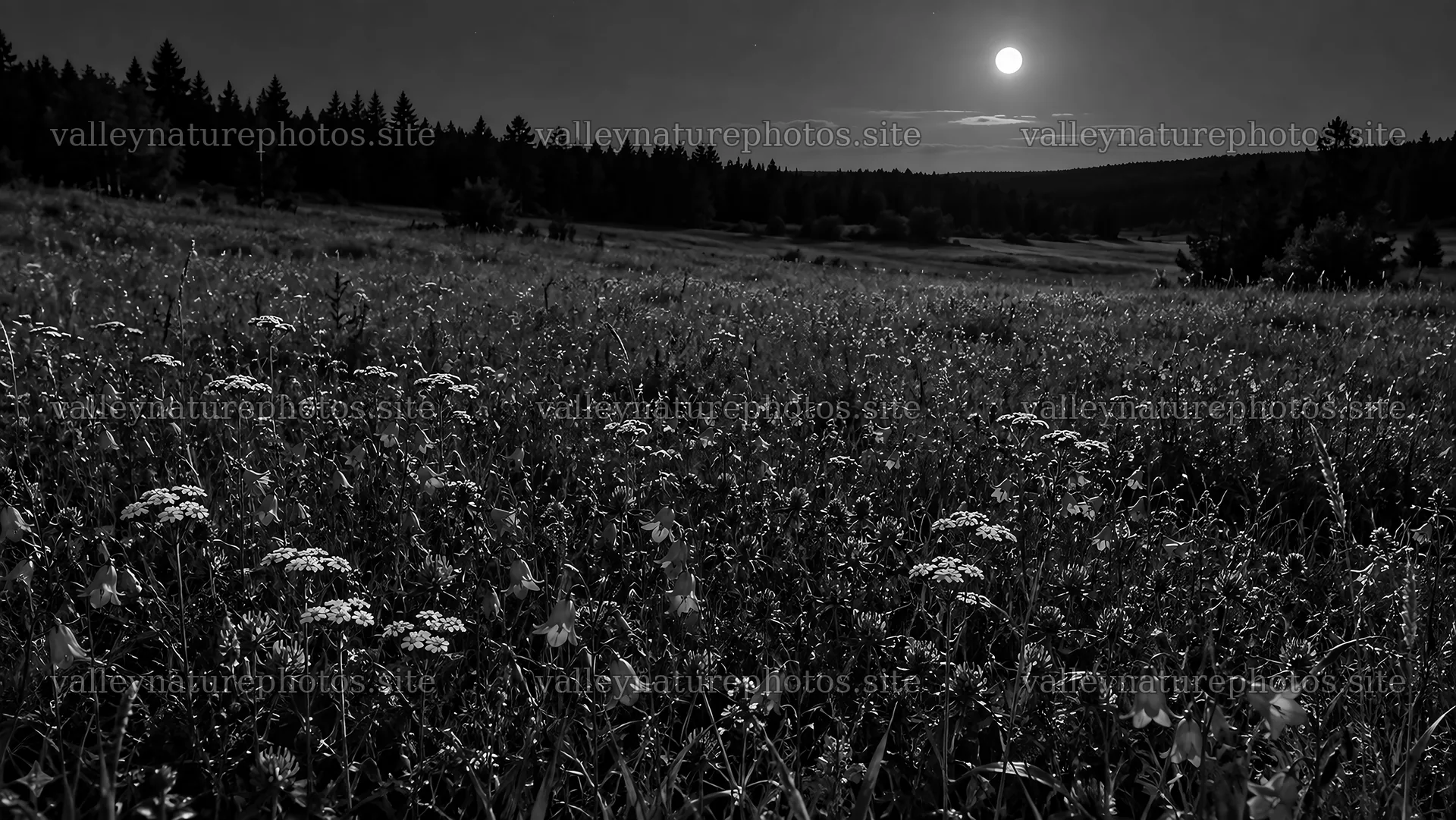 Moonlit Wildflower Clearing and Forest in Monochrome – nature photography 10324x5812