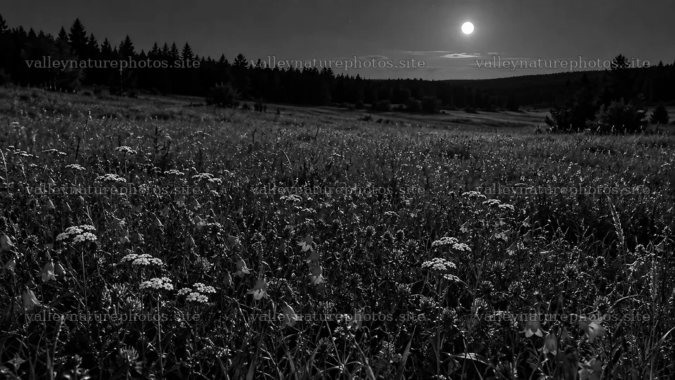 Moonlit Wildflower Clearing and Forest in Monochrome – nature photography 10324x5812