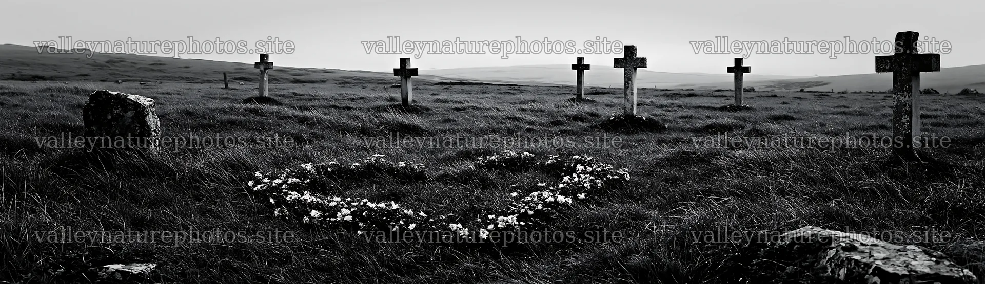 Christian crosses in rain soaked meadow with flowers – nature photography 14762x4268