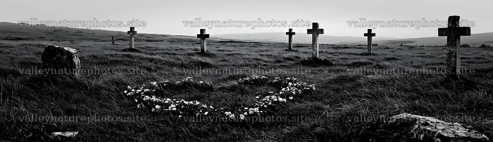 Christian crosses in rain soaked meadow with flowers – nature photography 14762x4268