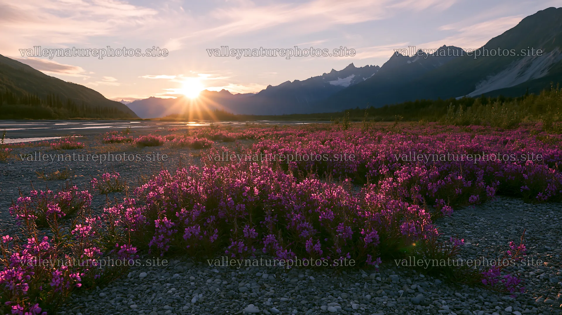 Fireweed meadow at sunset with mountains in the background – nature photography 10608x5938