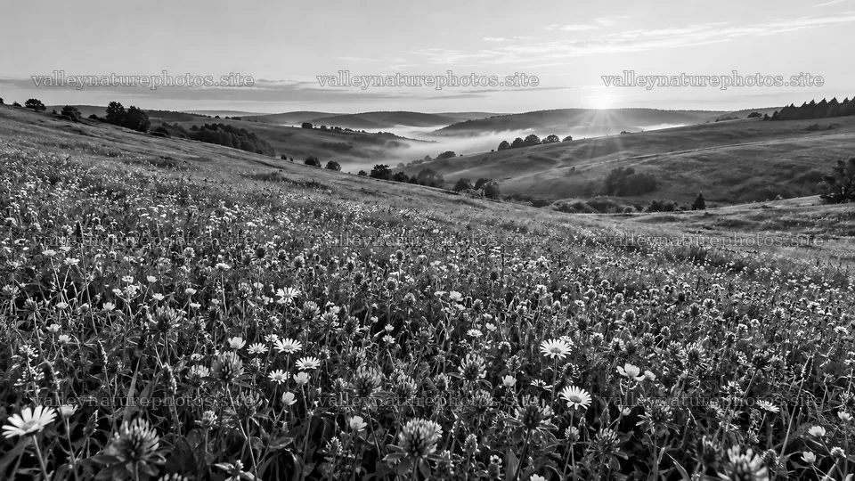 Black and White Hillside Meadow at Dawn – nature photography 10324x5812