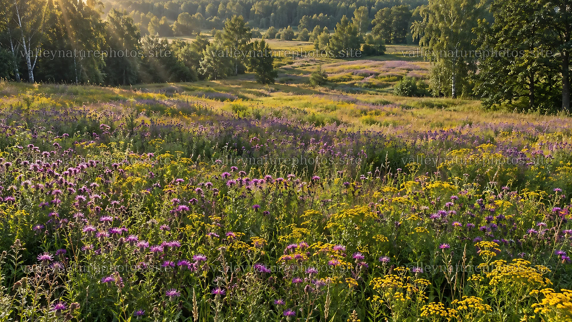 Sunlit wildflower meadow in a forest clearing – nature photography 10324x5812