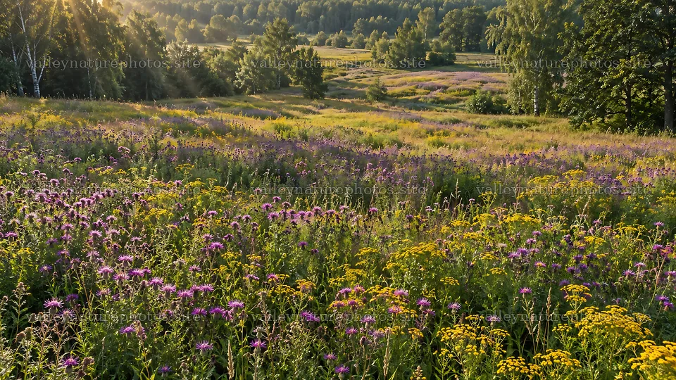 Sunlit wildflower meadow in a forest clearing – nature photography 10324x5812