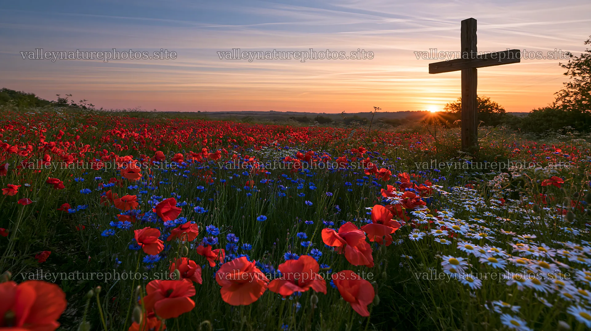 Christian cross in meadow at sunrise with flowers – nature photography 10608x5938