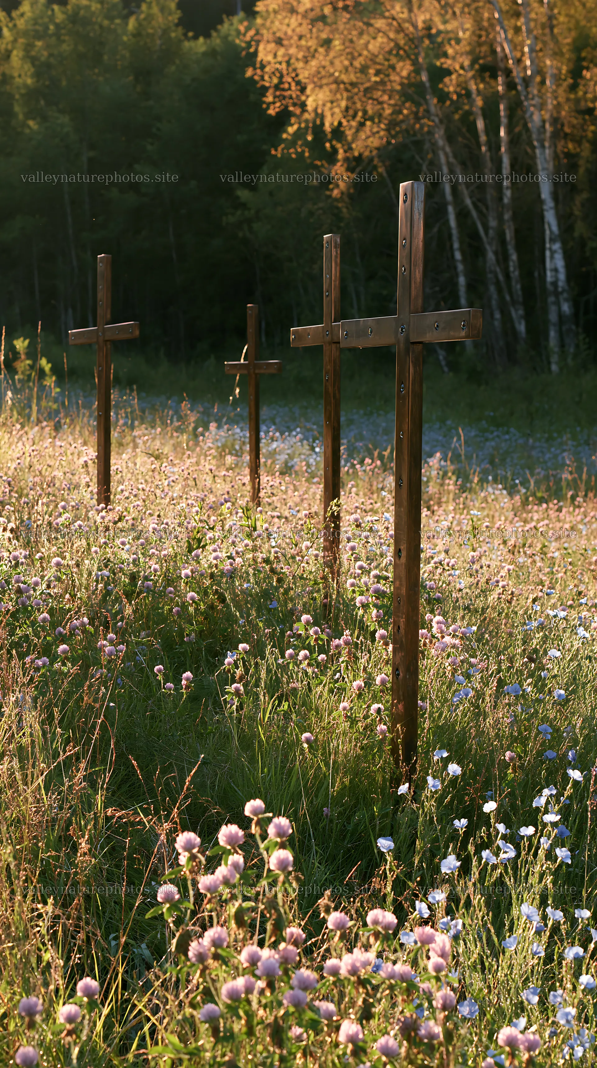 Christian crosses in a meadow with wildflowers – nature photography 5938x10608