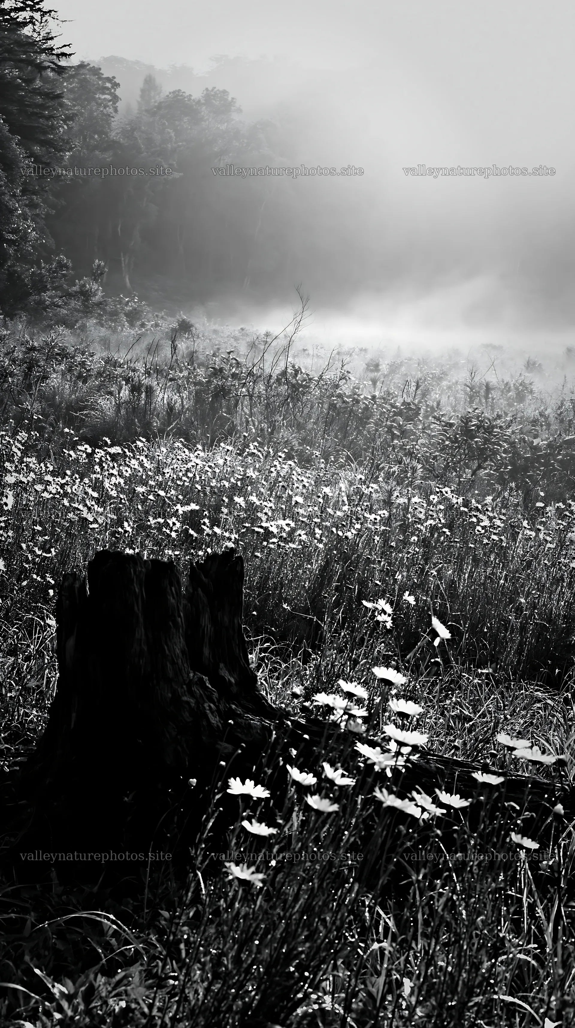 Fukushima meadow with weathered stump and wildflowers in fog – nature photography 5938x10608