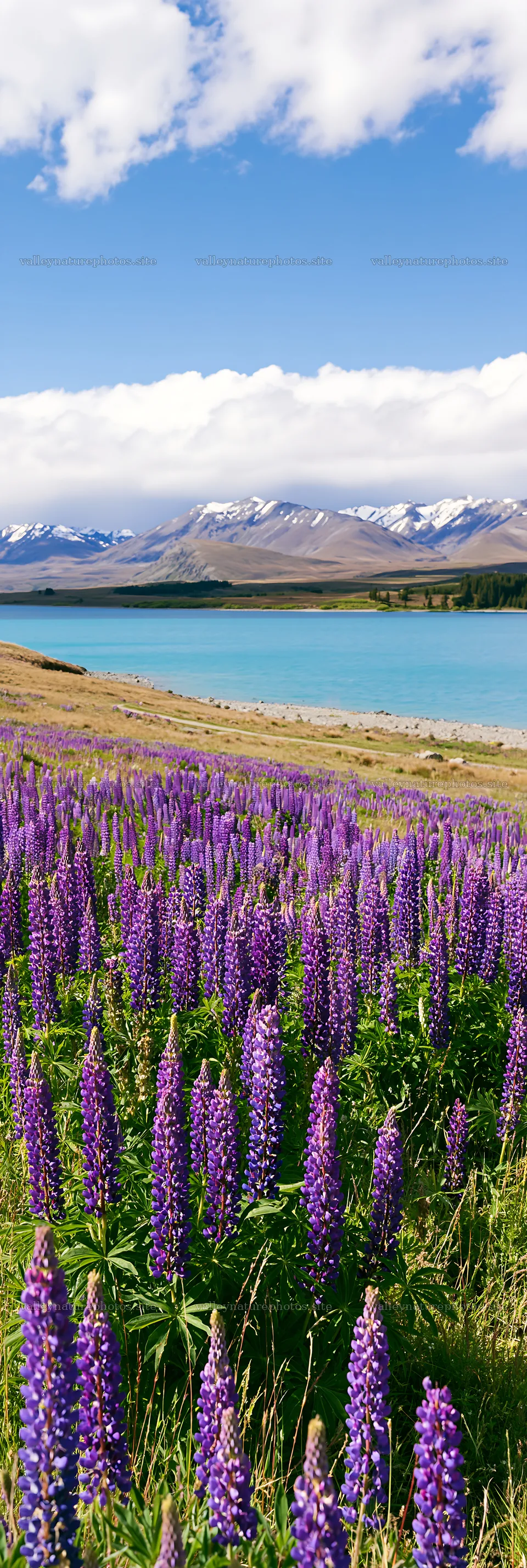 Lake Tekapo meadow snowy alps with purple flowers – nature photography 4602x13690