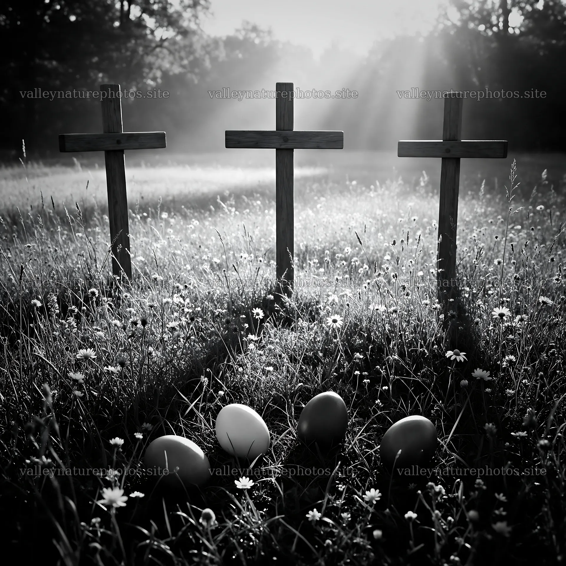 Christian crosses in meadow with sunbeams shining through trees – nature photography 7938x7938