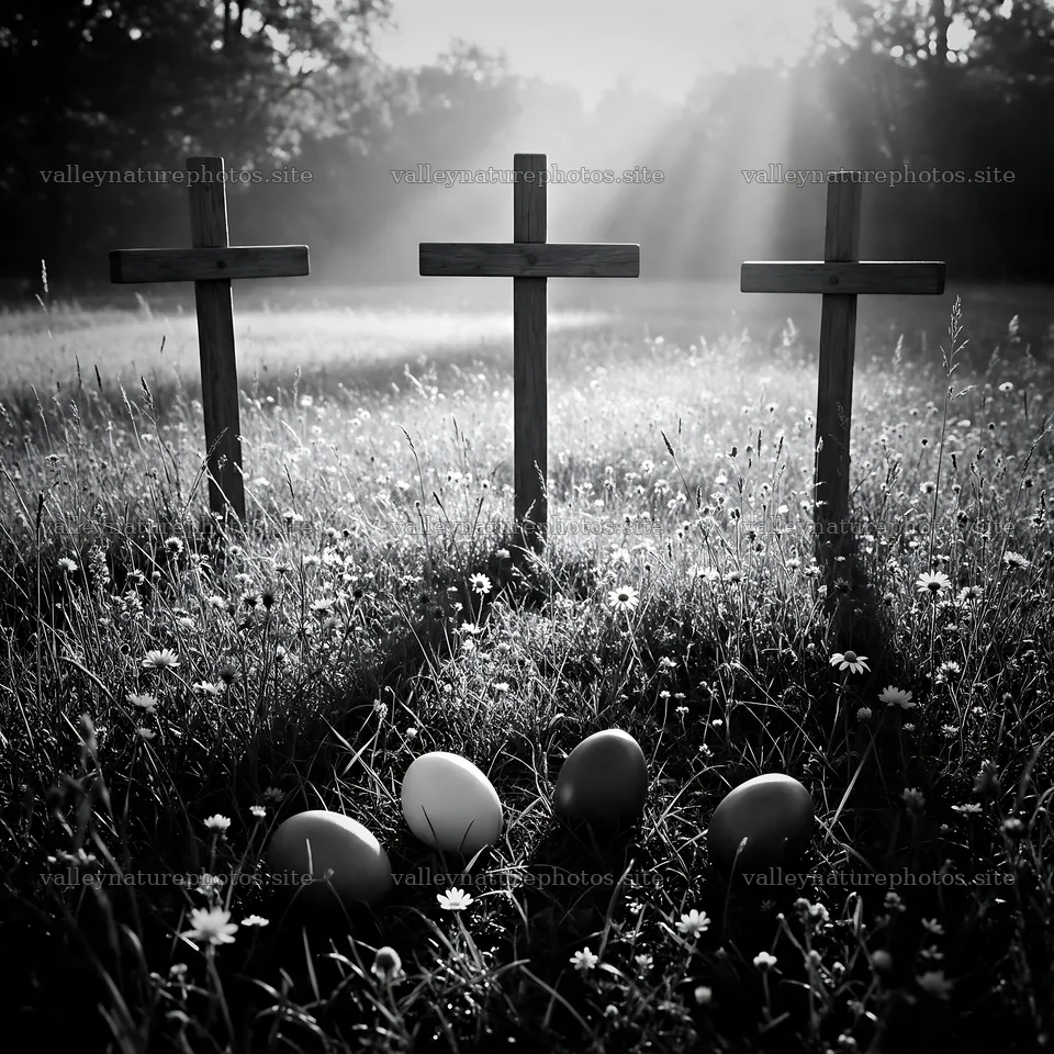 Christian crosses in meadow with sunbeams shining through trees – nature photography 7938x7938