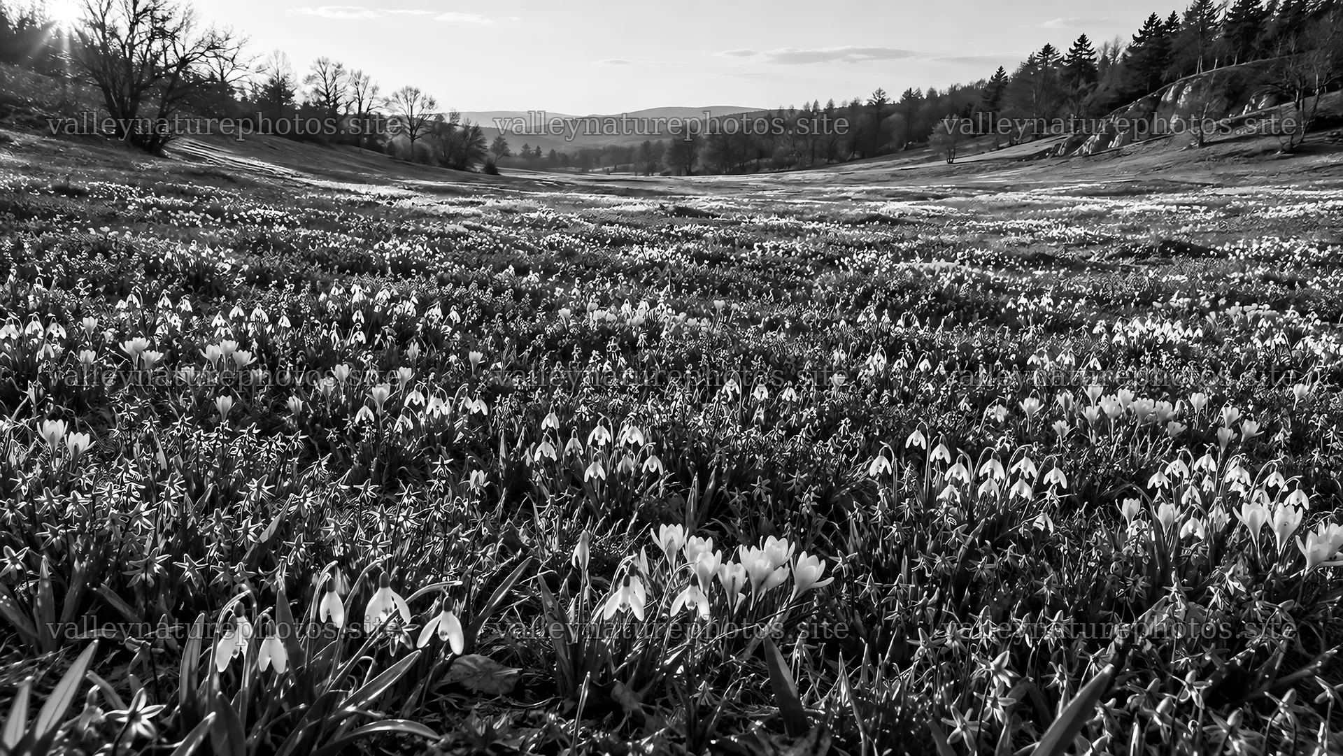 Monochrome Meadow of Delicate Spring Bulbs – nature photography 10324x5812