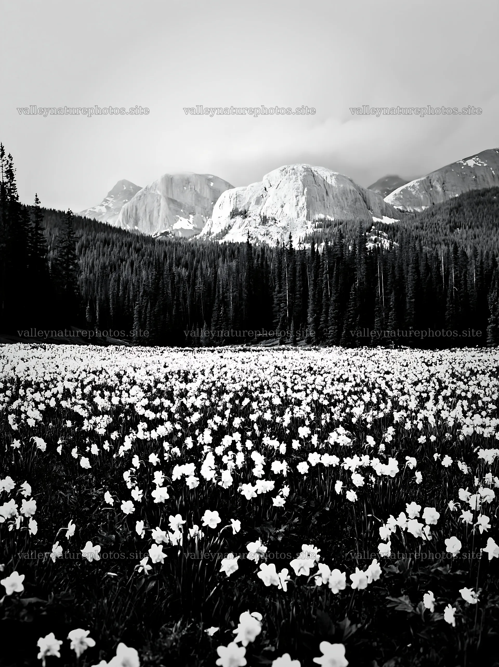 Meadow with white flowers and mountains in black and white – nature photography 6866x9174
