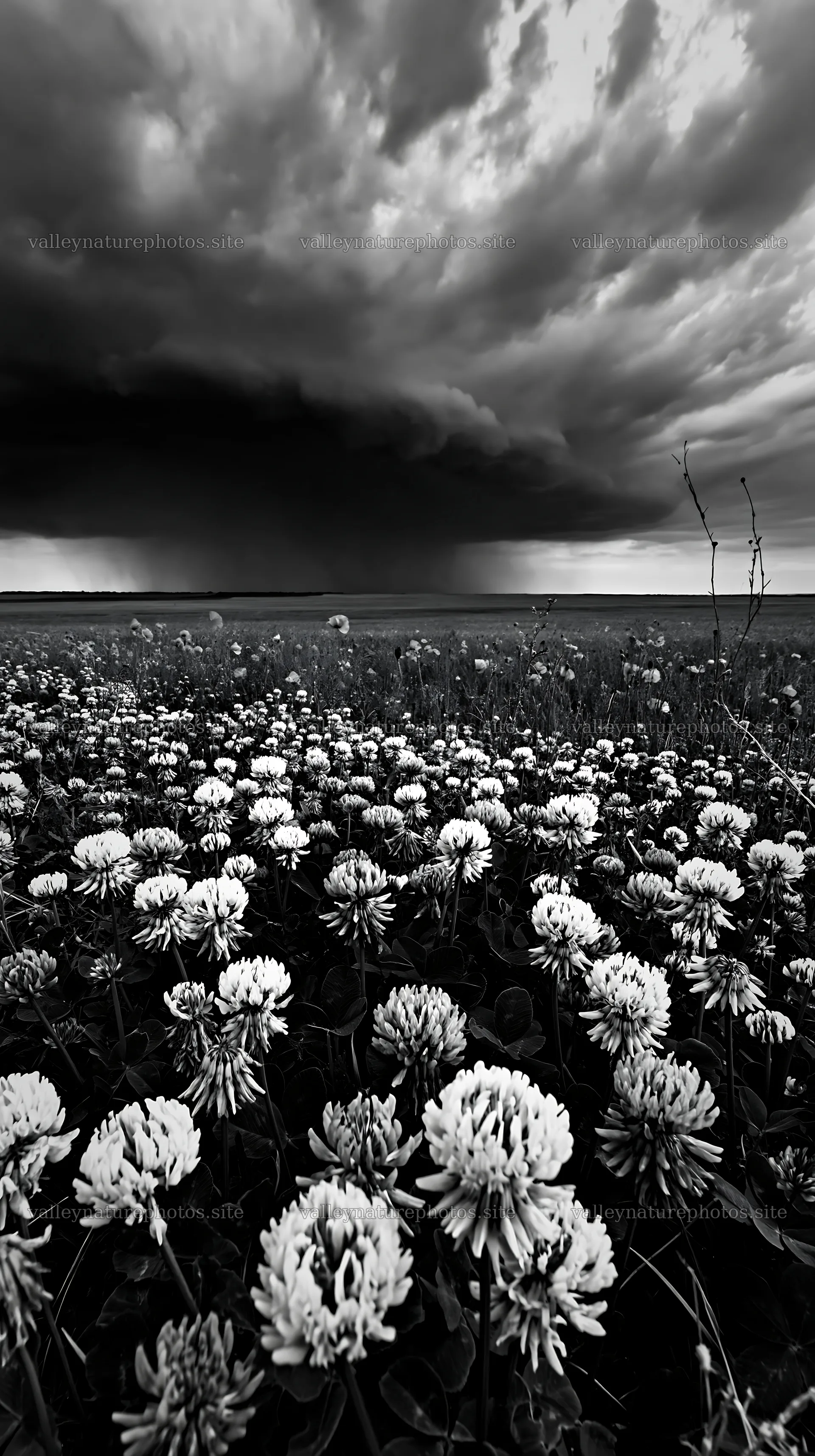 Colorful clover meadow under a dramatic sky – nature photography 5938x10608