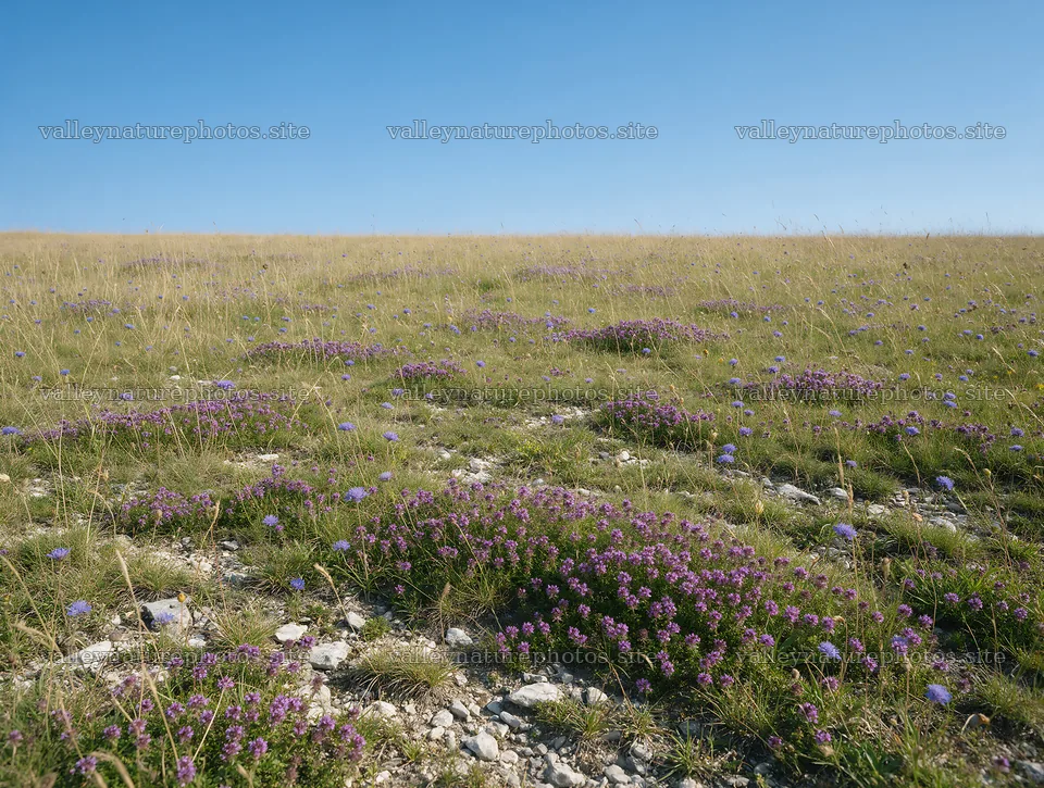 Sunny meadow with wild thyme and rocky ground – nature photography 9134x6898