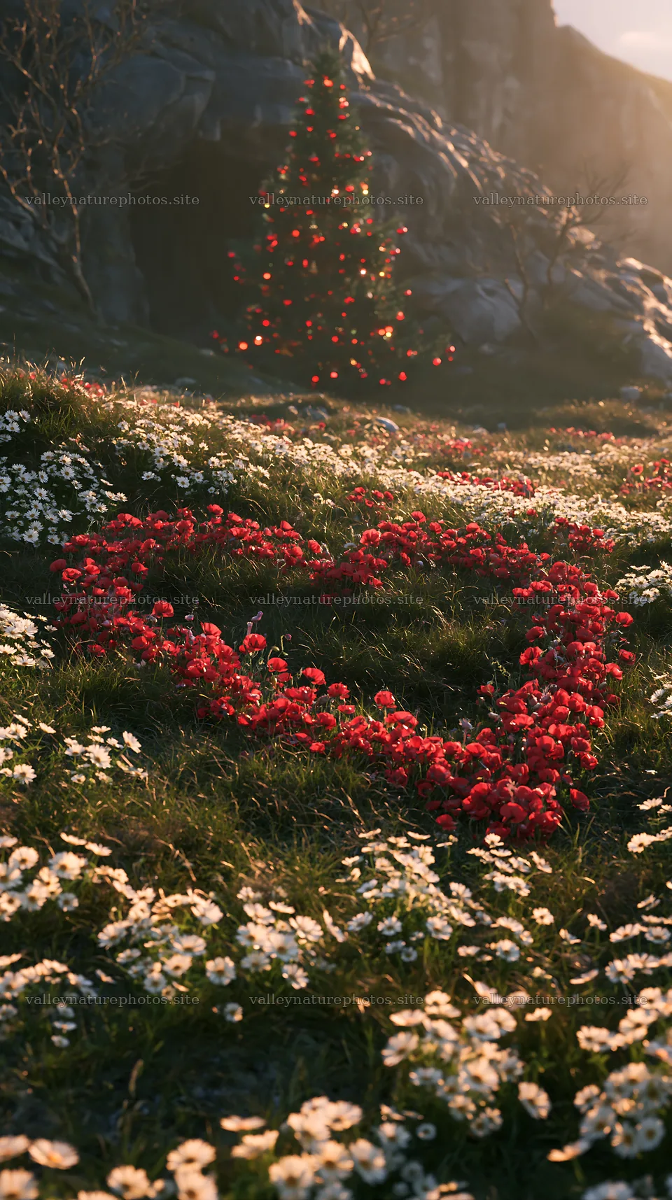 Christmas tree beside cave in meadow with flowers – nature photography 5938x10608