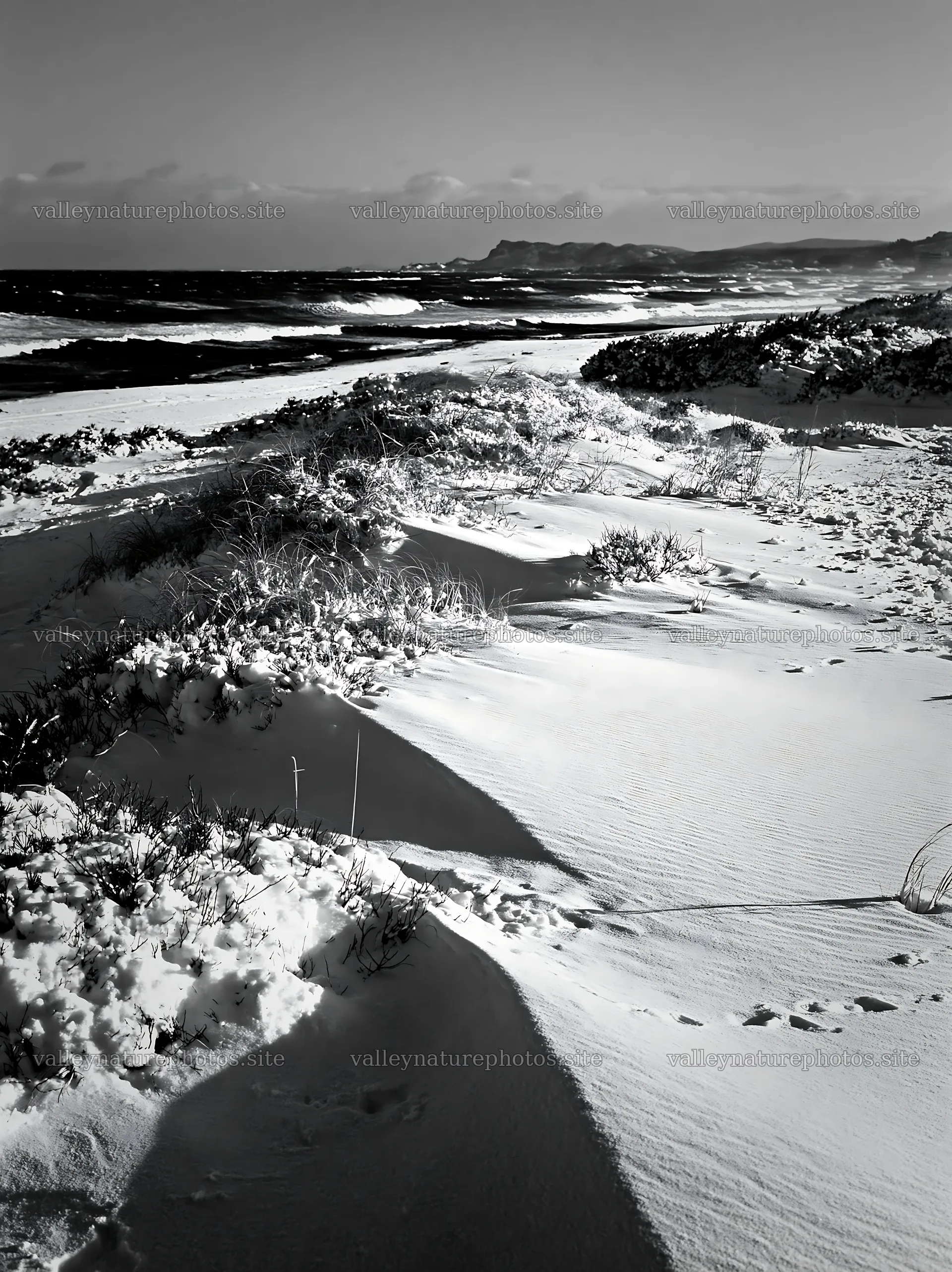 Snowy beach meadow with waves and distant cliffs – nature photography 6866x9174