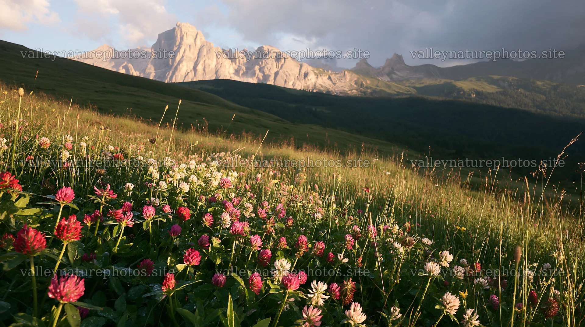 Colorful clover meadow with mountains in the background – nature photography 10608x5938