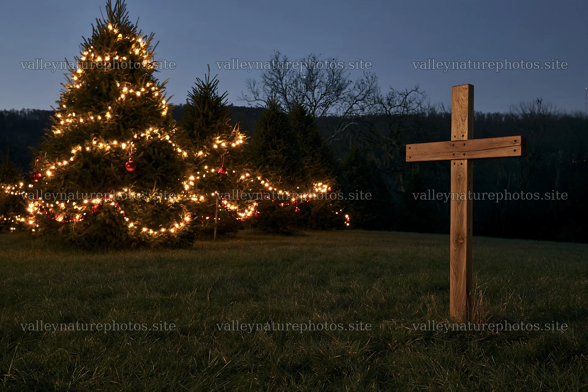 Handcrafted Christian cross in a Christmas meadow at night – nature photography 9722x6480
