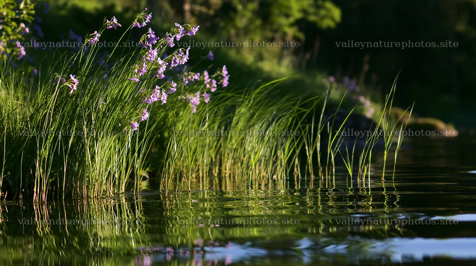 Sunlit lakeside meadow with flowers and tall grass – nature photography 10608x5938
