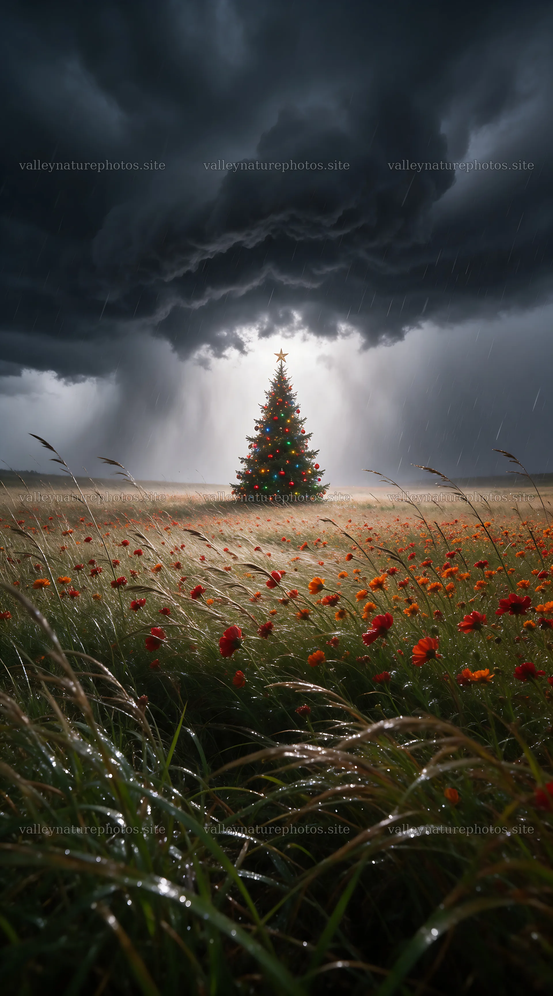 Vibrant Christmas tree in winter meadow under dark clouds – nature photography 5916x10648
