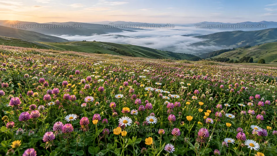 Wildflower Meadow Across Misty Rolling Hills – nature photography 10324x5812