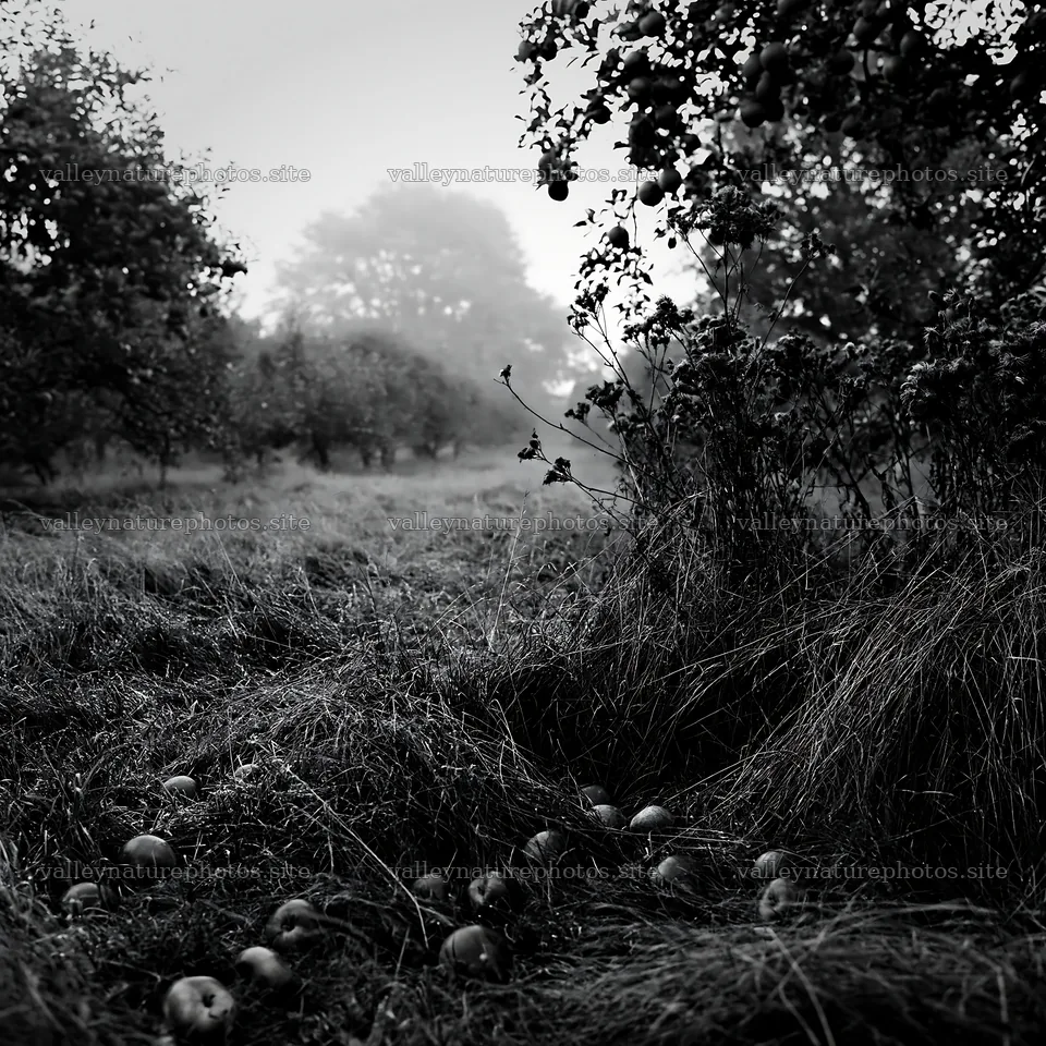 Moody orchard meadow with fallen apples and misty background – nature photography 7938x7938