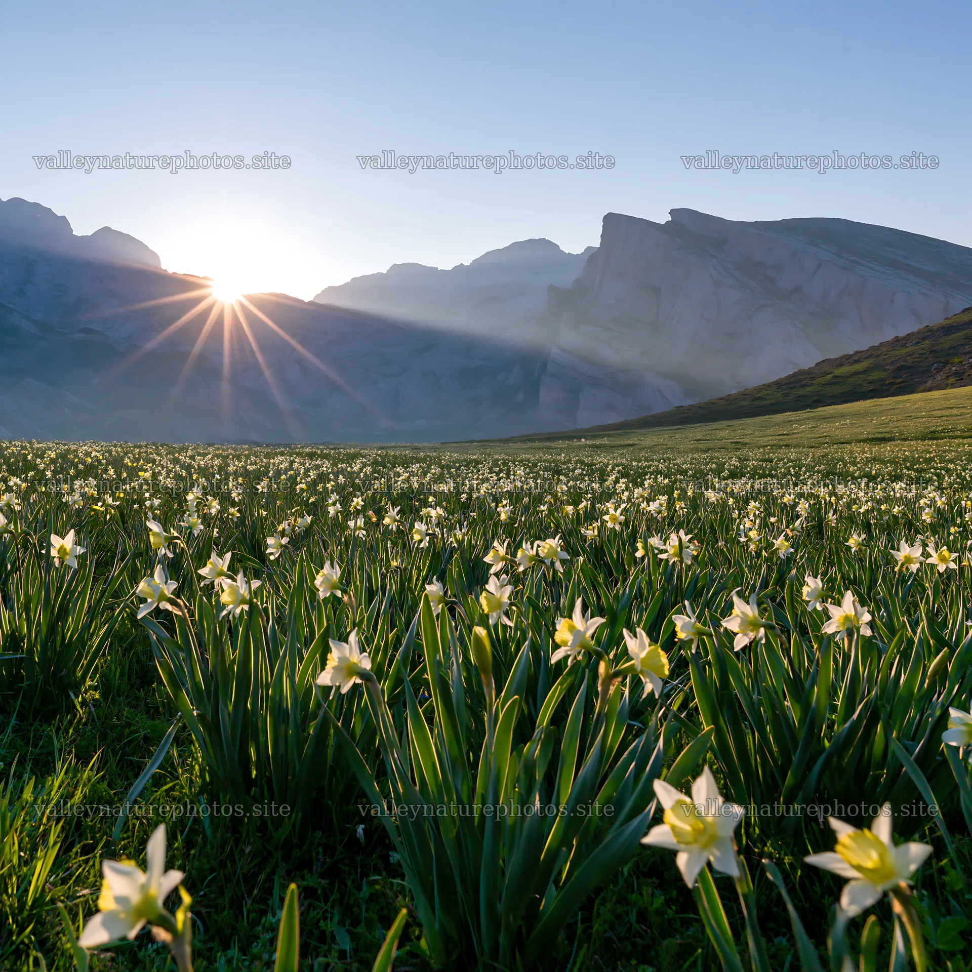 Sun rays over Picos de Europa meadow with blooming flowers – nature photography 7938x7938