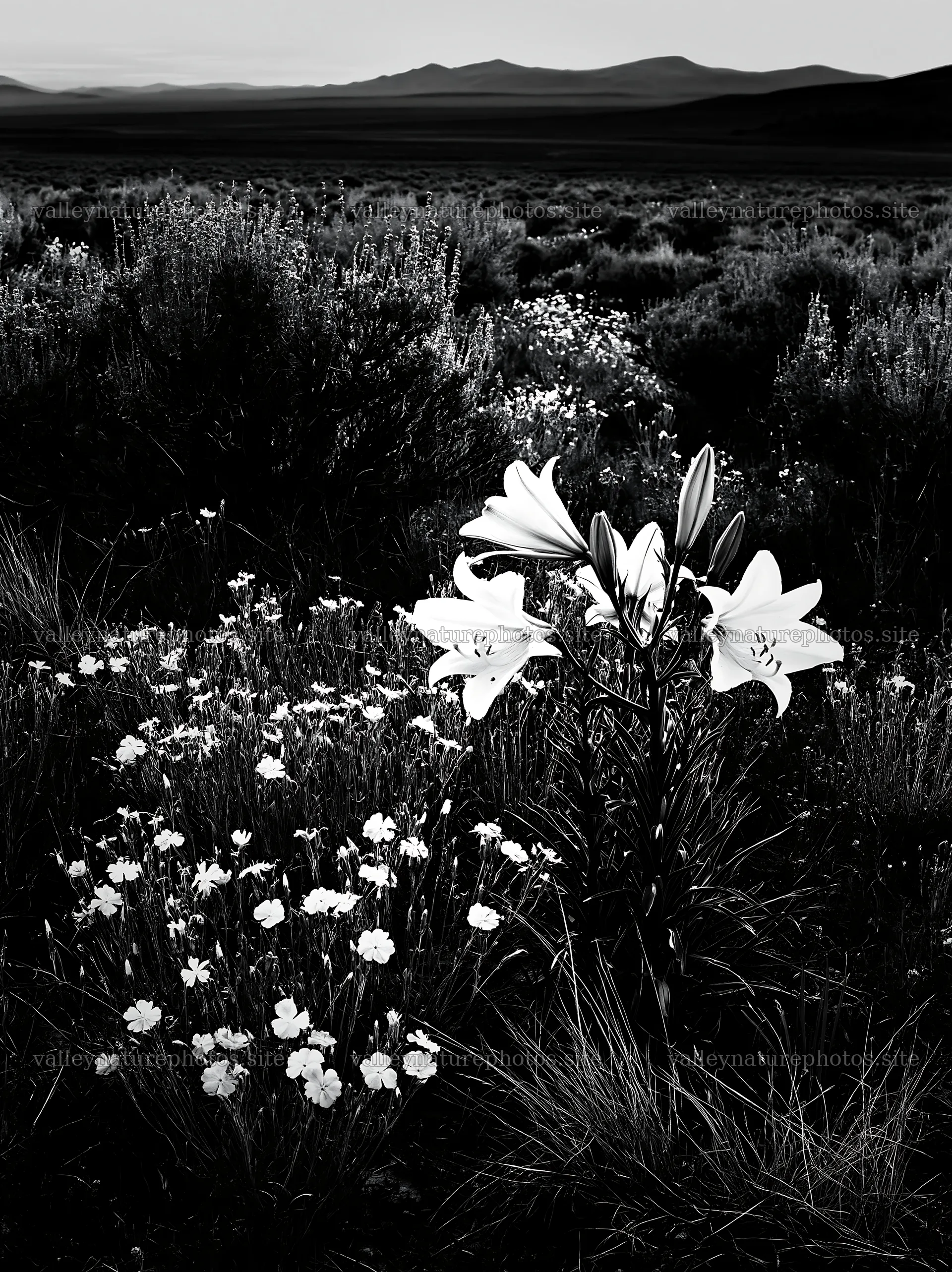 Sagebrush meadow with wildflowers and lilies at sunset – nature photography 6866x9174