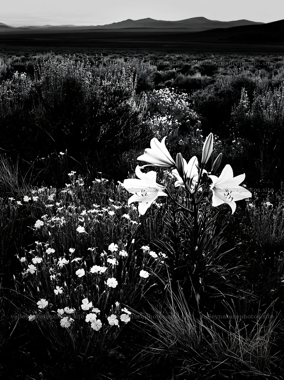 Sagebrush meadow with wildflowers and lilies at sunset – nature photography 6866x9174