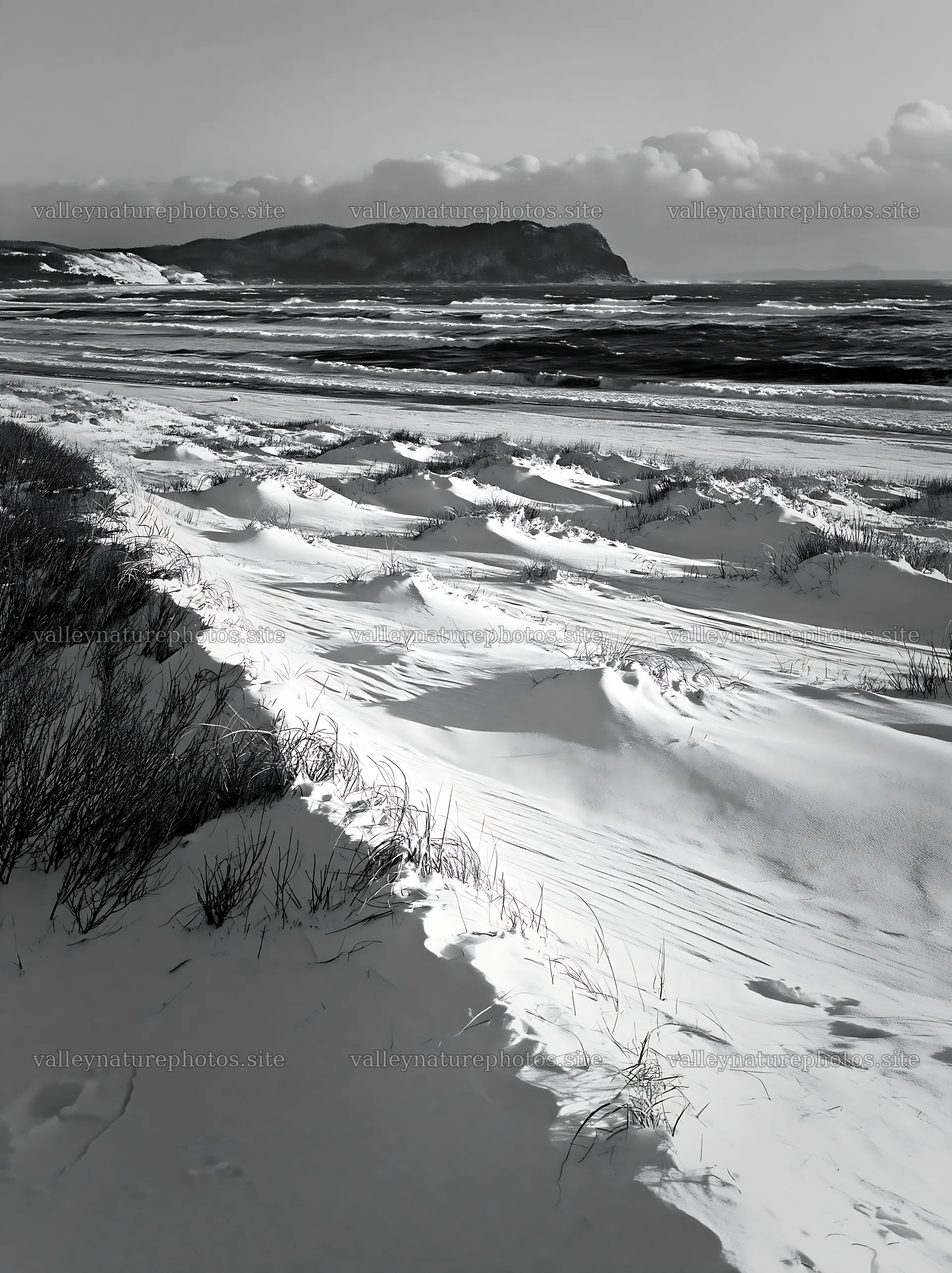 Snowy beach meadow in winter with ocean waves and distant hills – nature photography 6866x9174