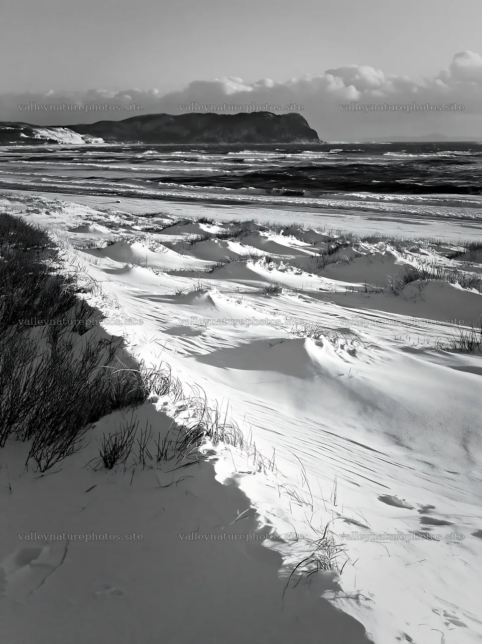 Snowy beach meadow in winter with ocean waves and distant hills – nature photography 6866x9174